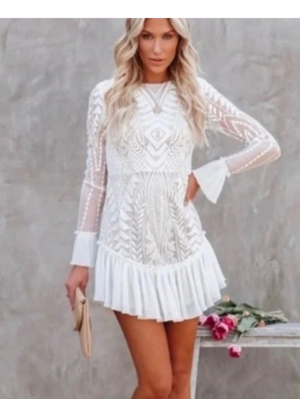 Women's White and Cream Lace-Inset Long Sleeve Dress